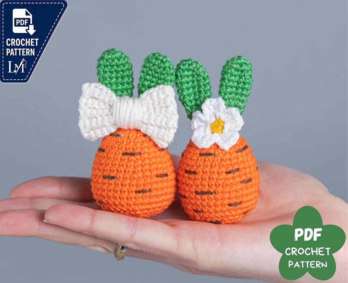 Crochet patterns Bunny Easter egg, Crochet carrot bunny amigurumi pattern, Easter amigurumi bunny pattern with crochet flower, Crochet decor